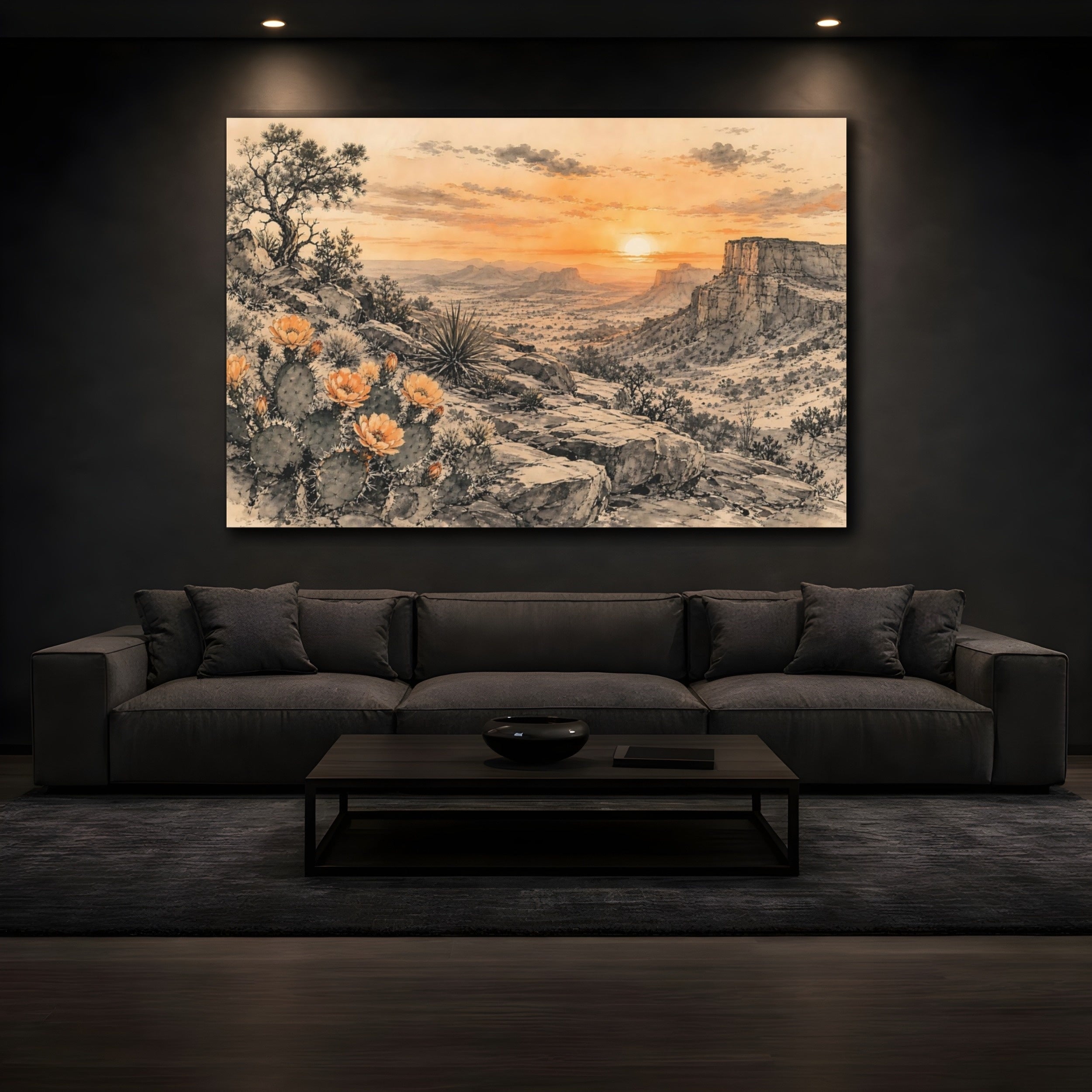 Mockup 3. Nature Desert Landscape Orange Desert Sunset shown as stretched canvas wall art