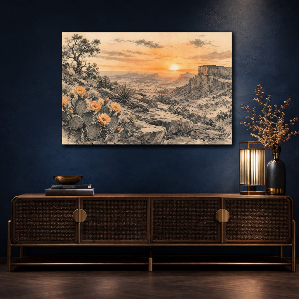 Mockup 4. Nature Desert Landscape Orange Desert Sunset shown as stretched canvas wall art