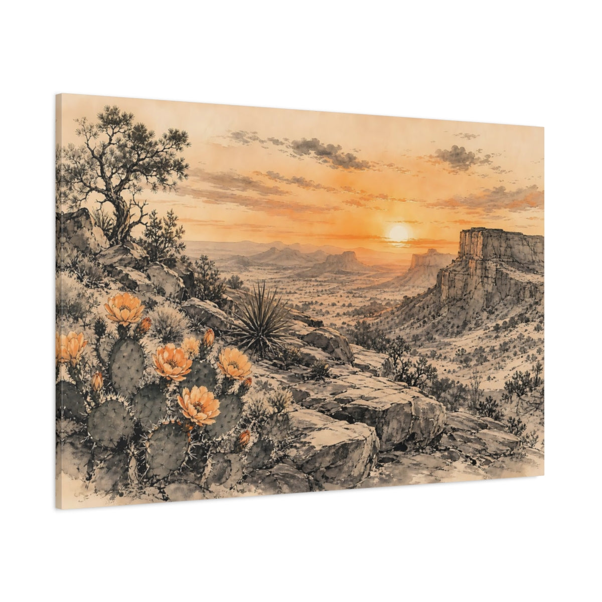 Side Mockup 1. Nature Desert Landscape Orange Desert Sunset shown as stretched canvas wall art
