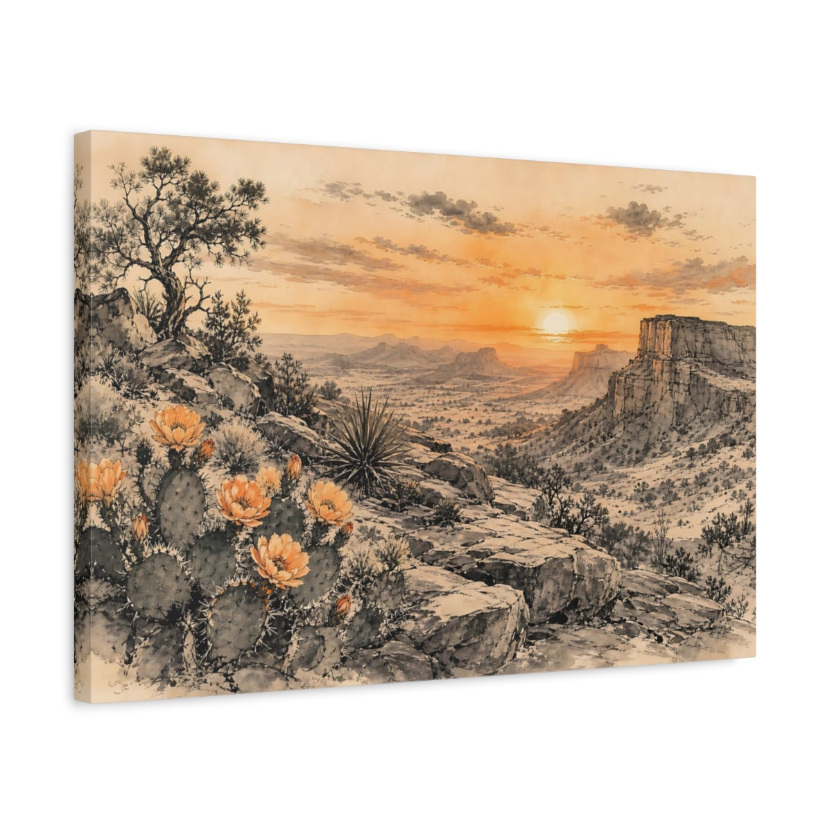 Side Mockup 3. Nature Desert Landscape Orange Desert Sunset shown as stretched canvas wall art