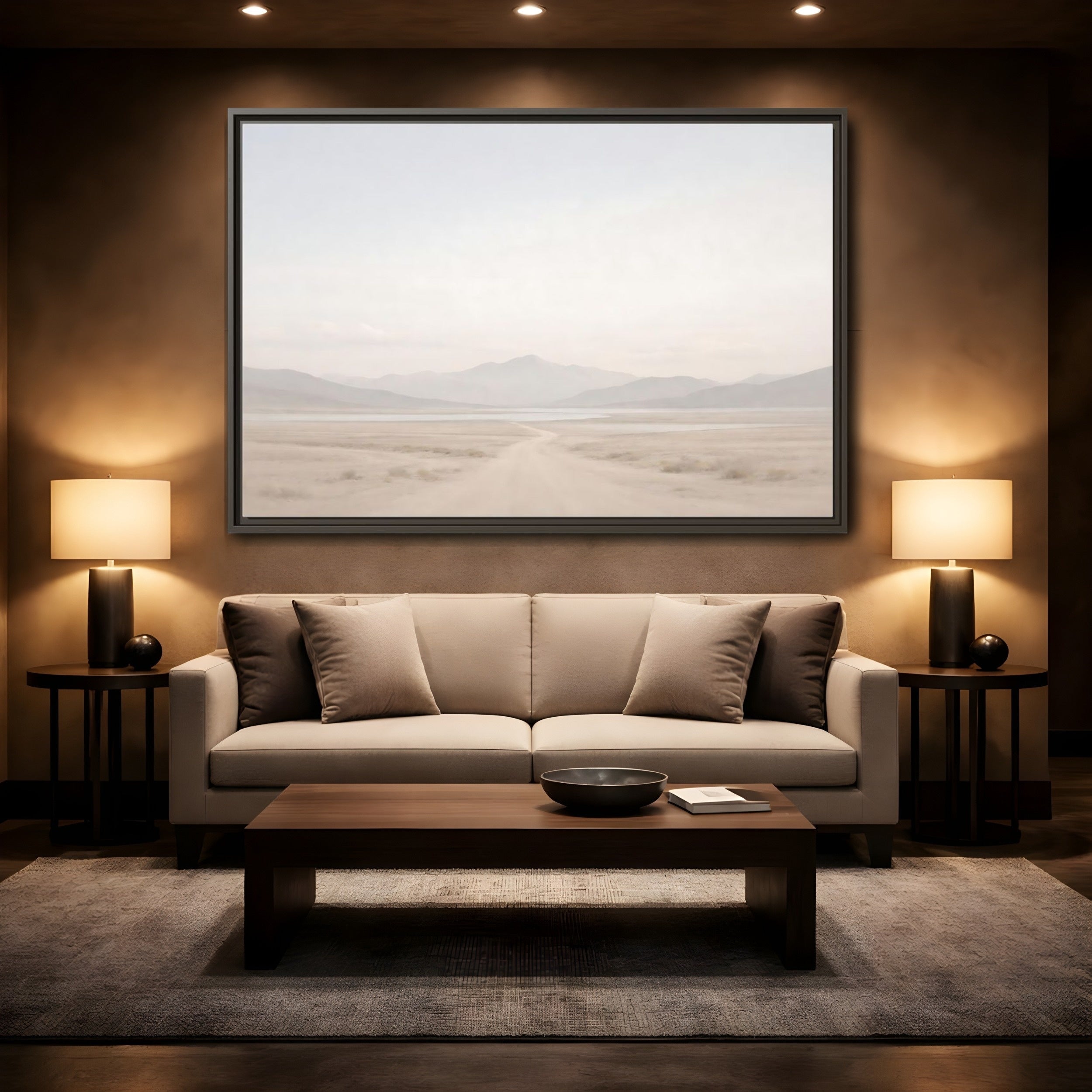 Mockup 2. Nature Desert Landscape Pale Desert Mountains shown as stretched canvas wall art