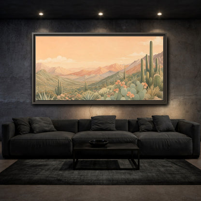 Mockup 3. Nature Desert Landscape Peach Green Desert shown as stretched canvas wall art