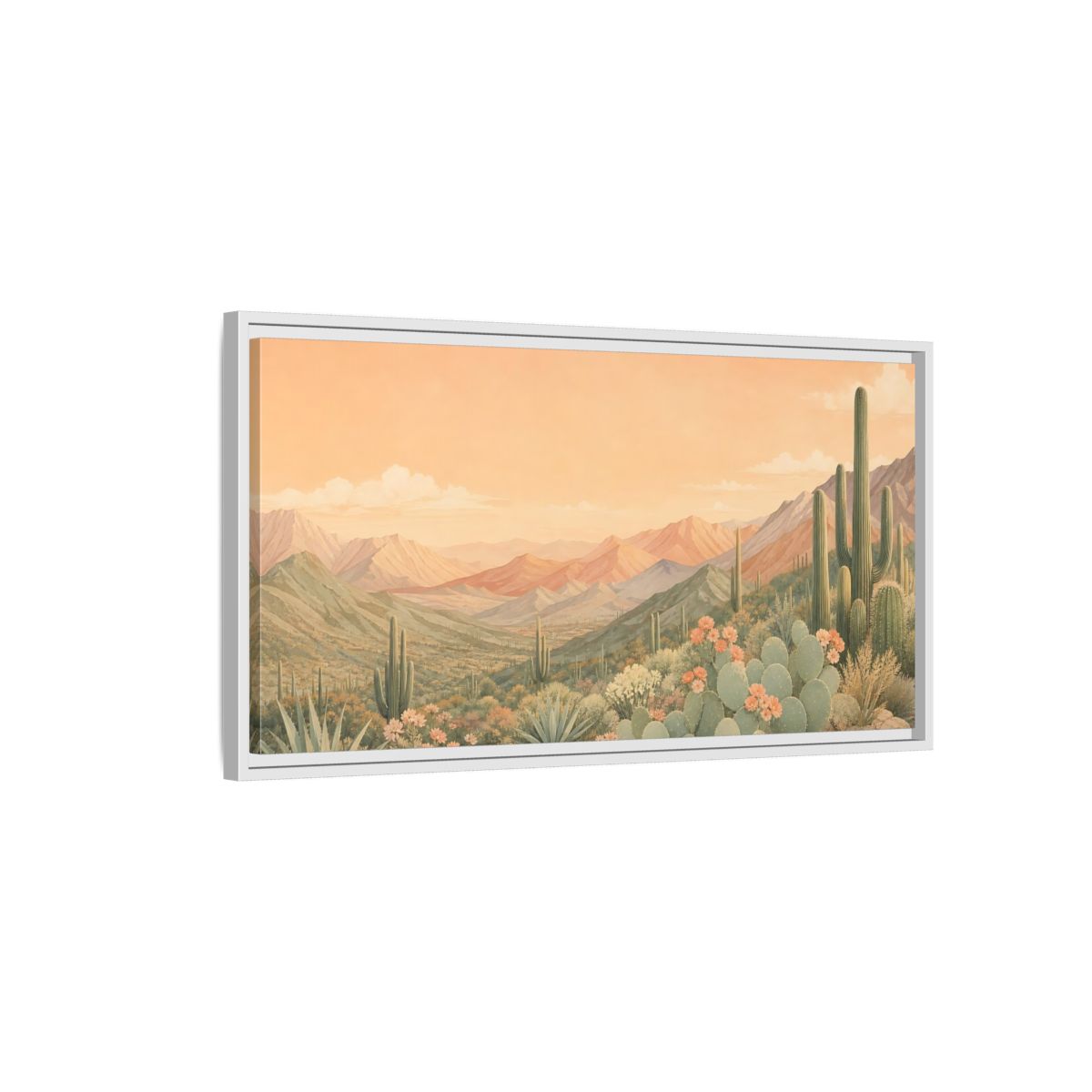 Side Mockup 1. Nature Desert Landscape Peach Green Desert shown as stretched canvas wall art