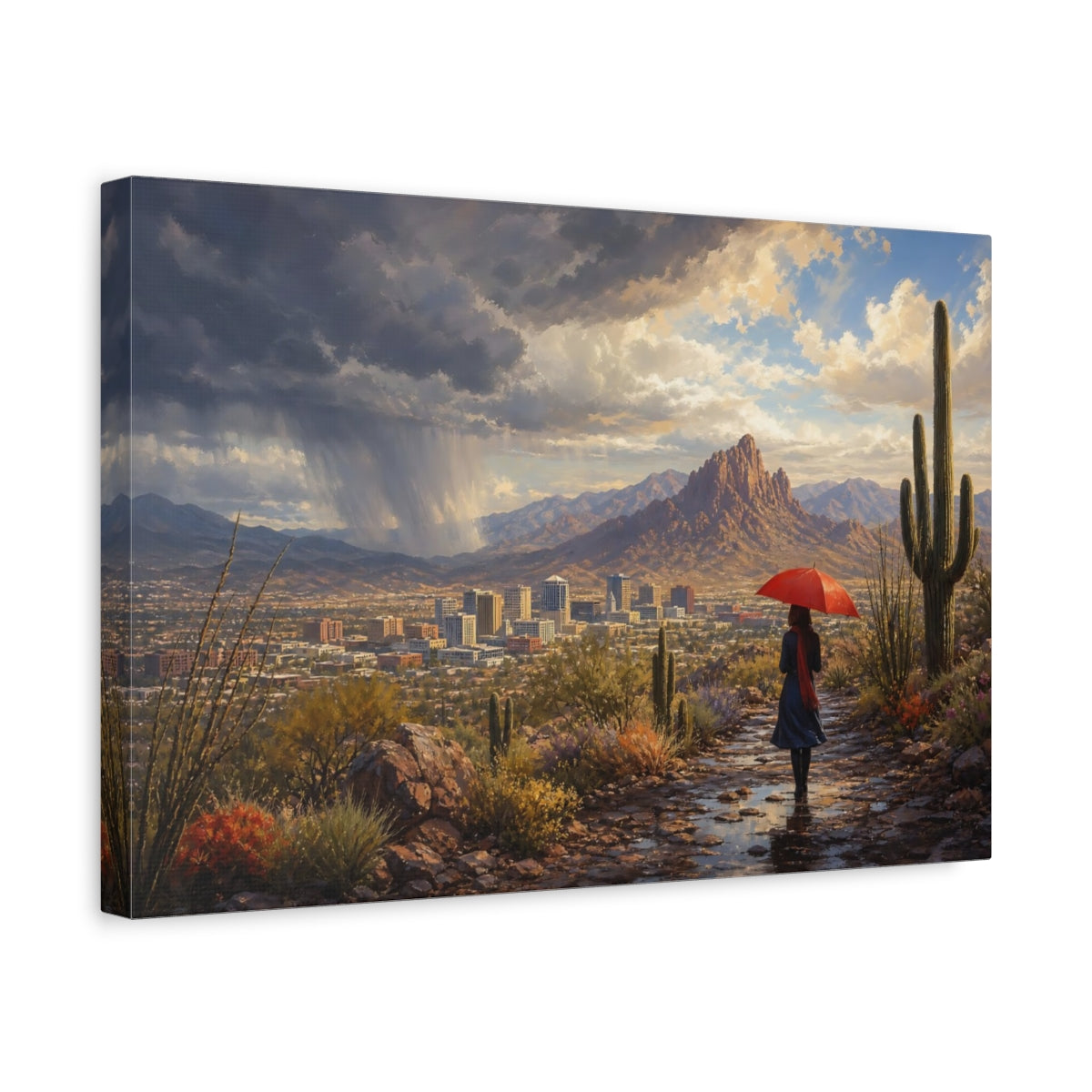 Side Mockup 4. Nature Desert Landscape Desert Red Umbrella shown as stretched canvas wall art