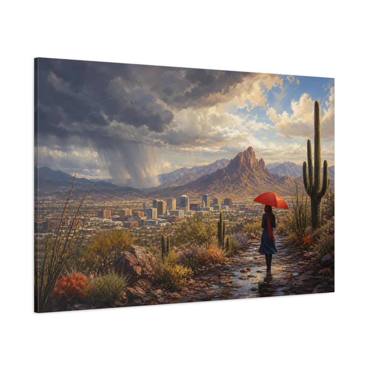 Side Mockup 1. Nature Desert Landscape Desert Red Umbrella shown as stretched canvas wall art