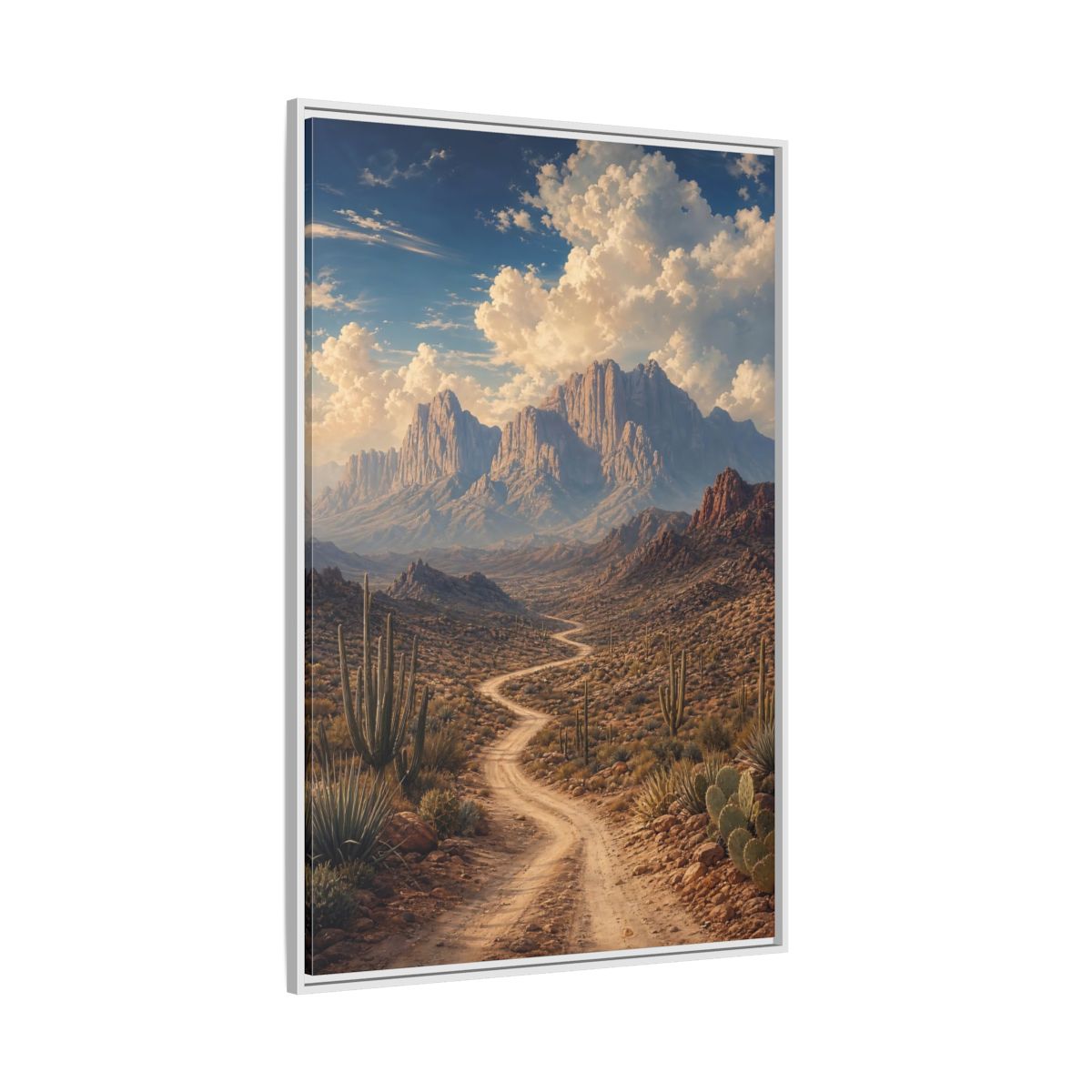 Nature Desert Landscape Southwestern Framed Canvas Wall Art - Realistic Living Room, Above Couch shown as canvas wall art
