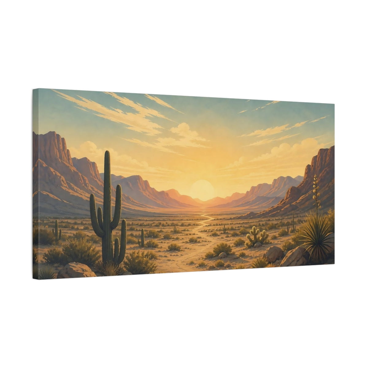 Side Mockup 1. Nature Desert Landscape Desert Sunset shown as stretched canvas wall art