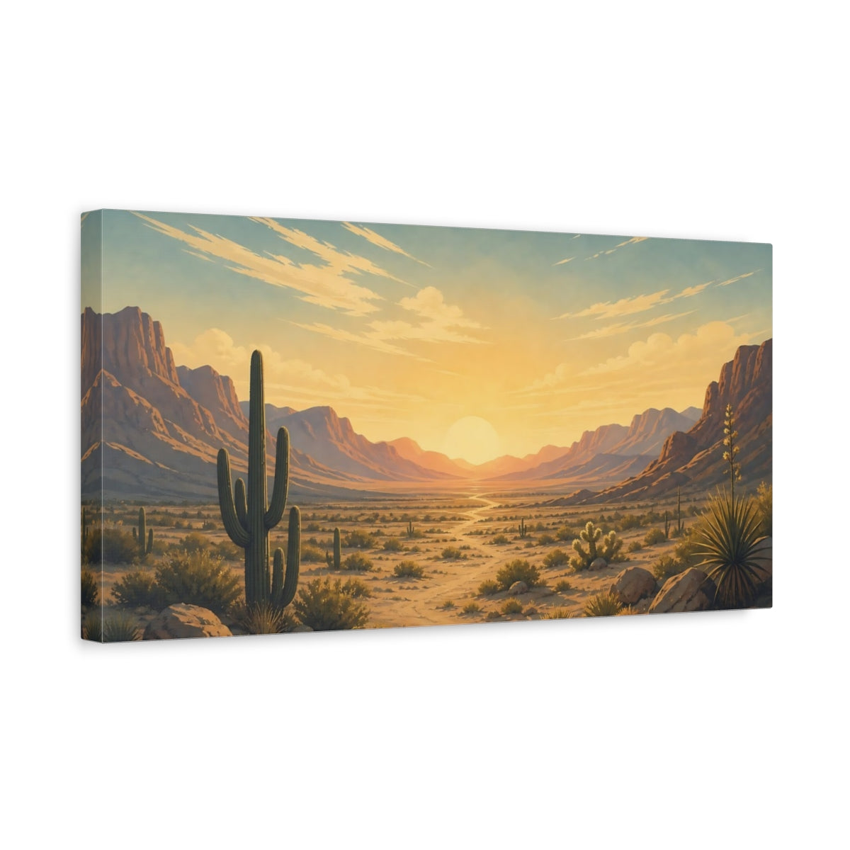 Side Mockup 3. Nature Desert Landscape Desert Sunset shown as stretched canvas wall art