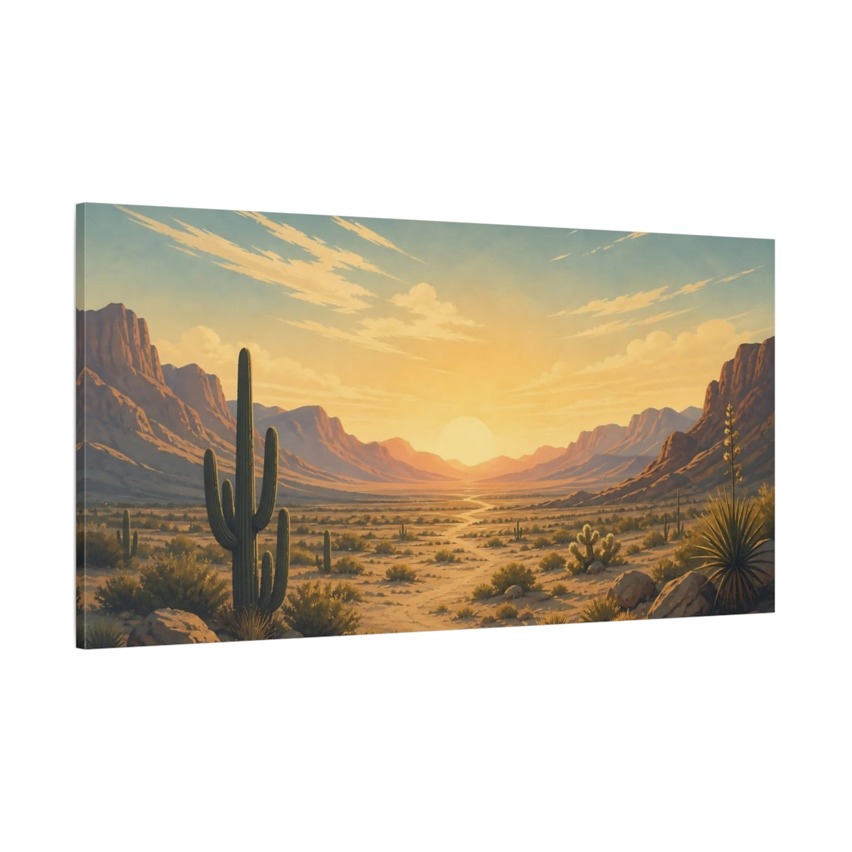 Side Mockup 2. Nature Desert Landscape Desert Sunset shown as stretched canvas wall art