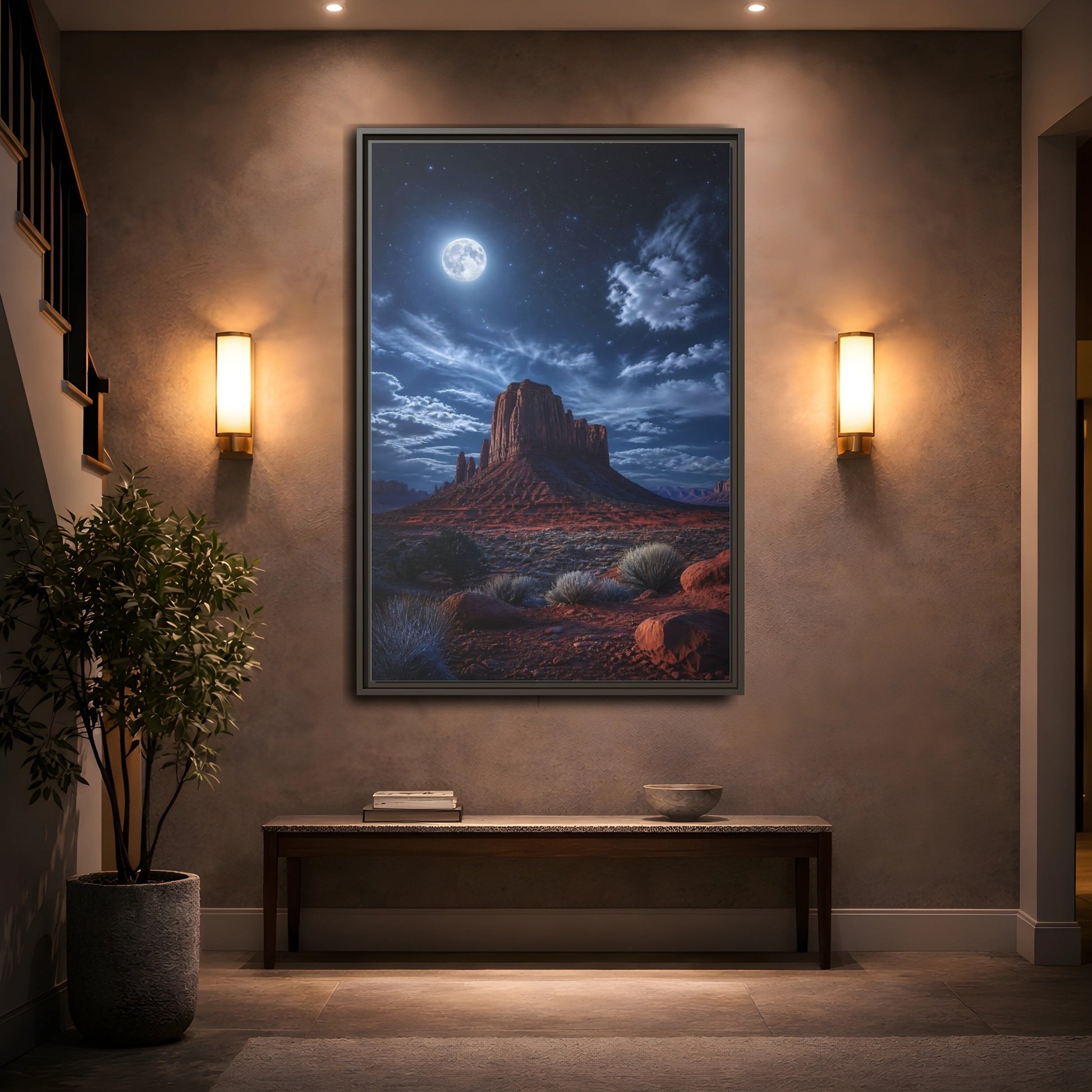 Mockup 2. Nature Desert Mesa Red And Blue Night shown as stretched canvas wall art