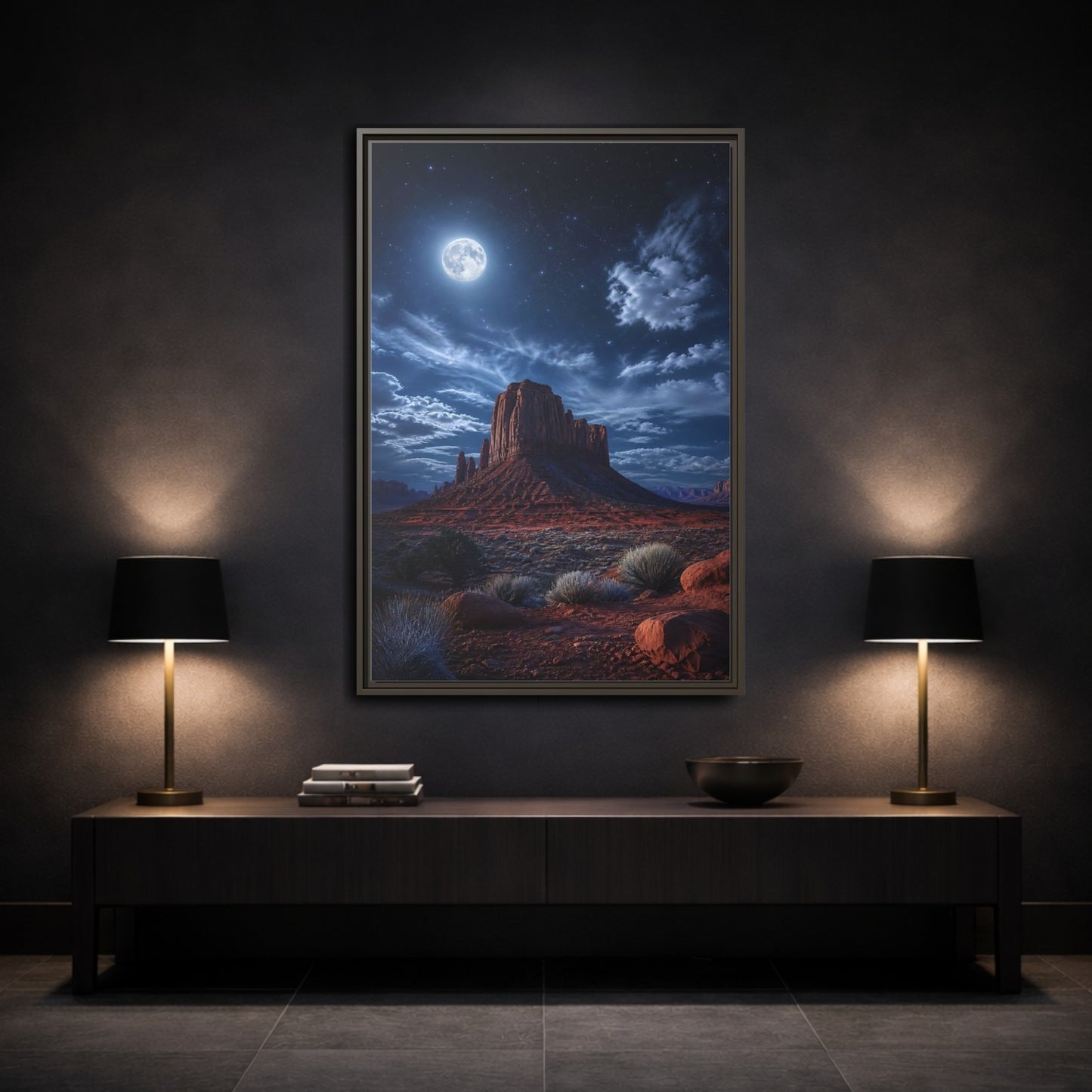 Mockup 3. Nature Desert Mesa Red And Blue Night shown as stretched canvas wall art