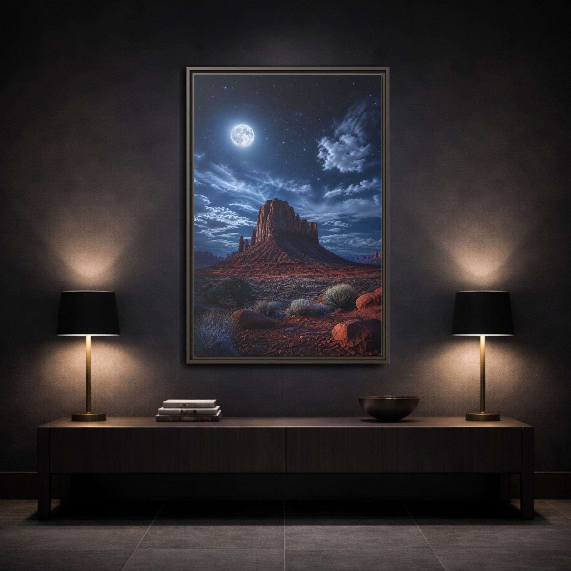 Mockup 3. Nature Desert Mesa Red And Blue Night shown as stretched canvas wall art