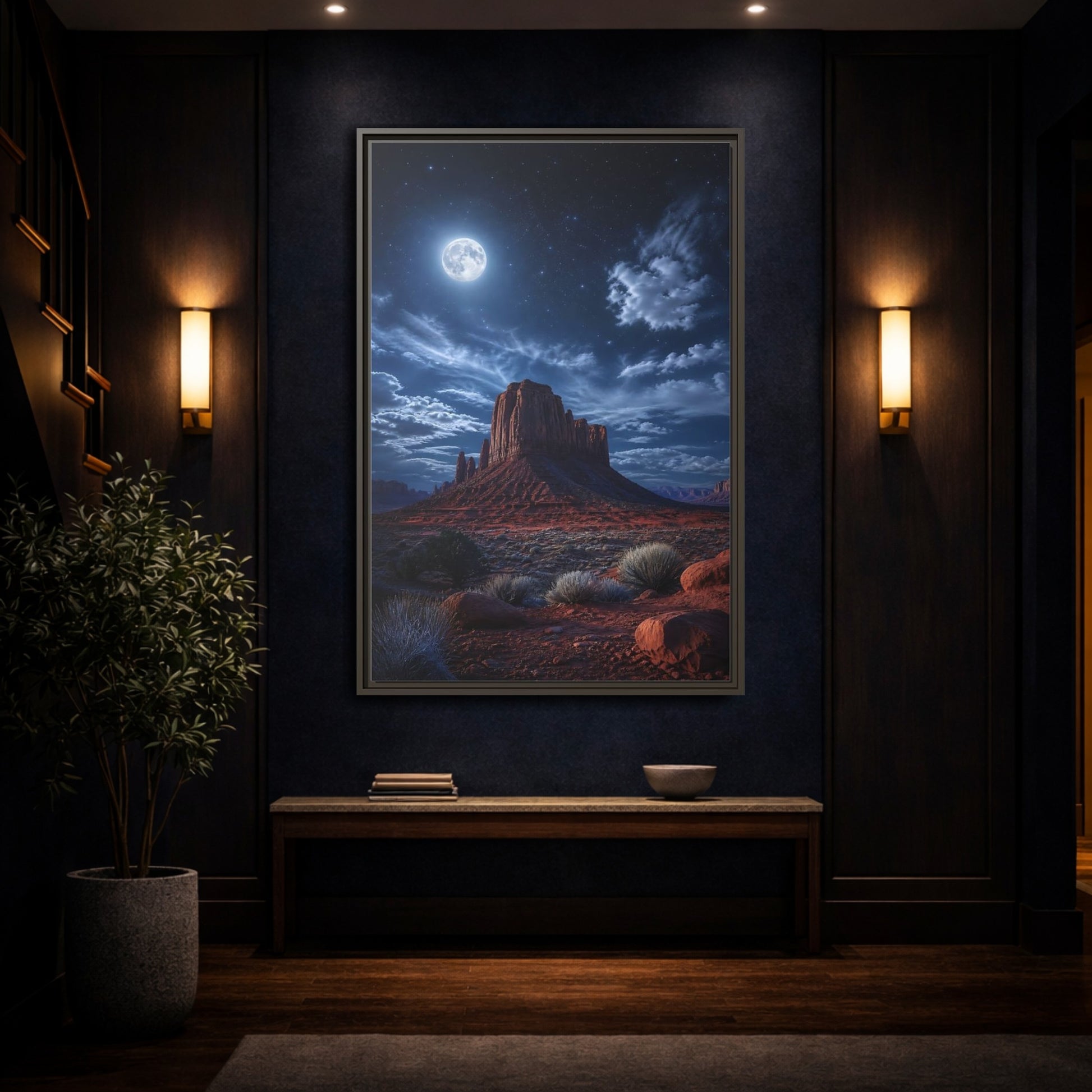 Mockup 4. Nature Desert Mesa Red And Blue Night shown as stretched canvas wall art