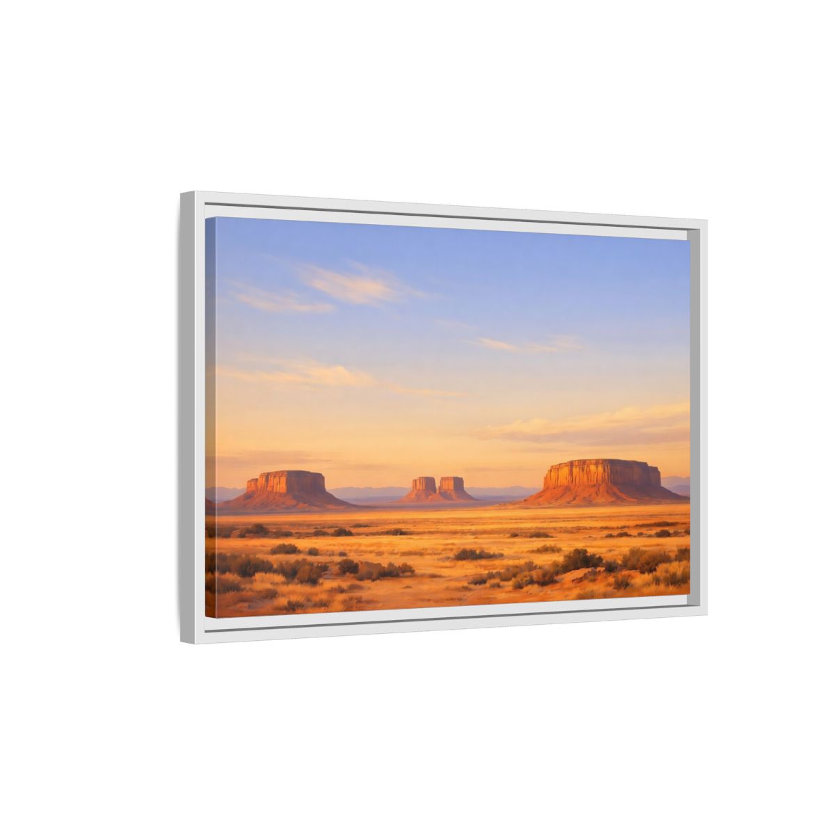 Side Mockup 1. Nature Desert Mesas Orange And Blue shown as stretched canvas wall art