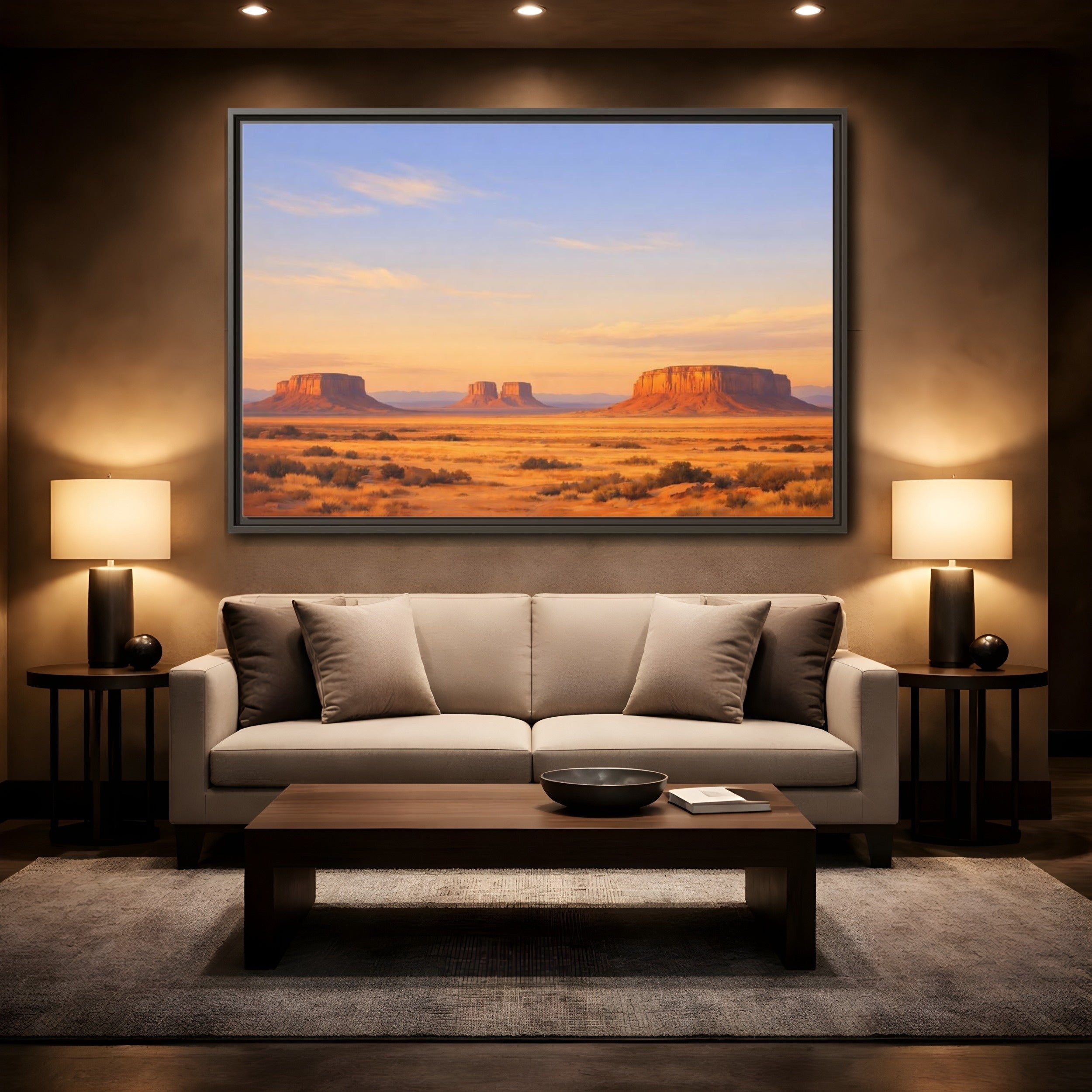 Mockup 2. Nature Desert Mesas Orange And Blue shown as stretched canvas wall art