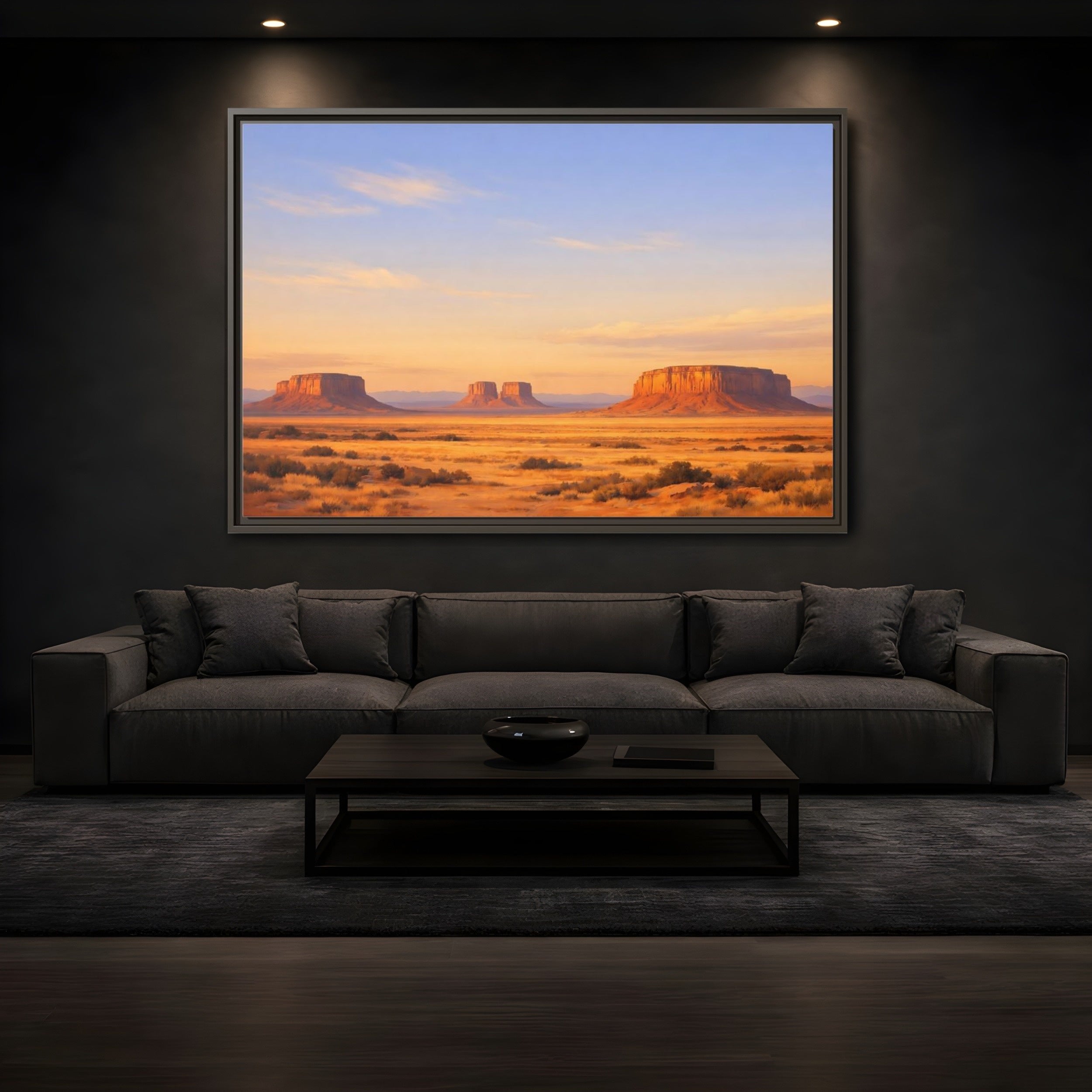 Mockup 3. Nature Desert Mesas Orange And Blue shown as stretched canvas wall art