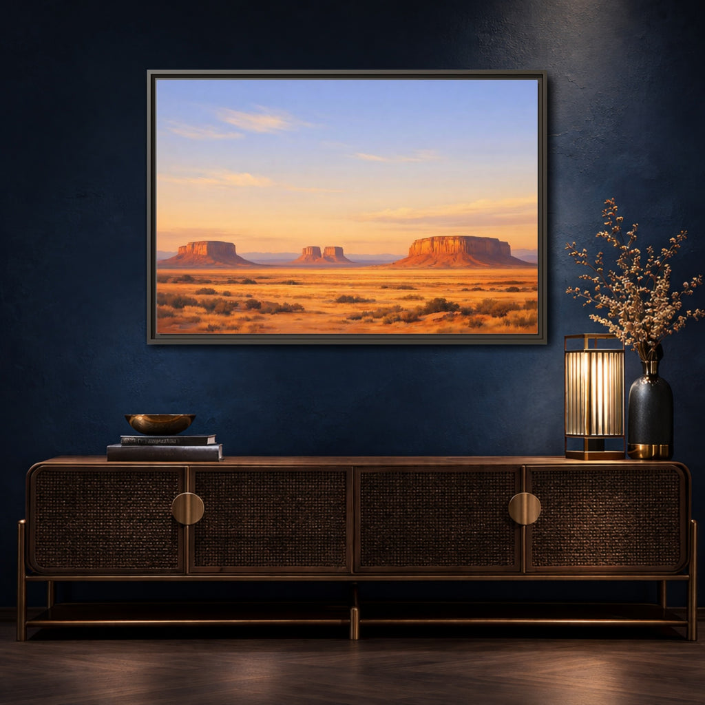 Mockup 4. Nature Desert Mesas Orange And Blue shown as stretched canvas wall art
