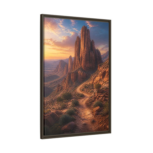 Main Mockup. Nature Desert Mountains Orange And Blue shown as stretched canvas wall art