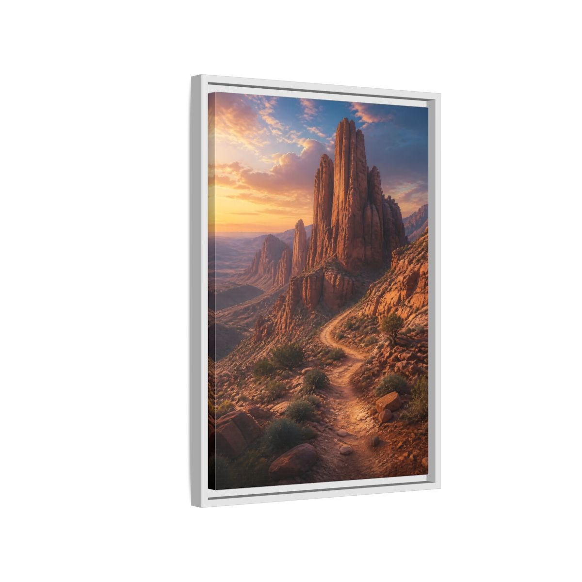 Side Mockup 1. Nature Desert Mountains Orange And Blue shown as stretched canvas wall art