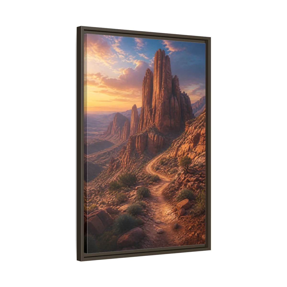 Side Mockup 11. Nature Desert Mountains Orange And Blue shown as stretched canvas wall art