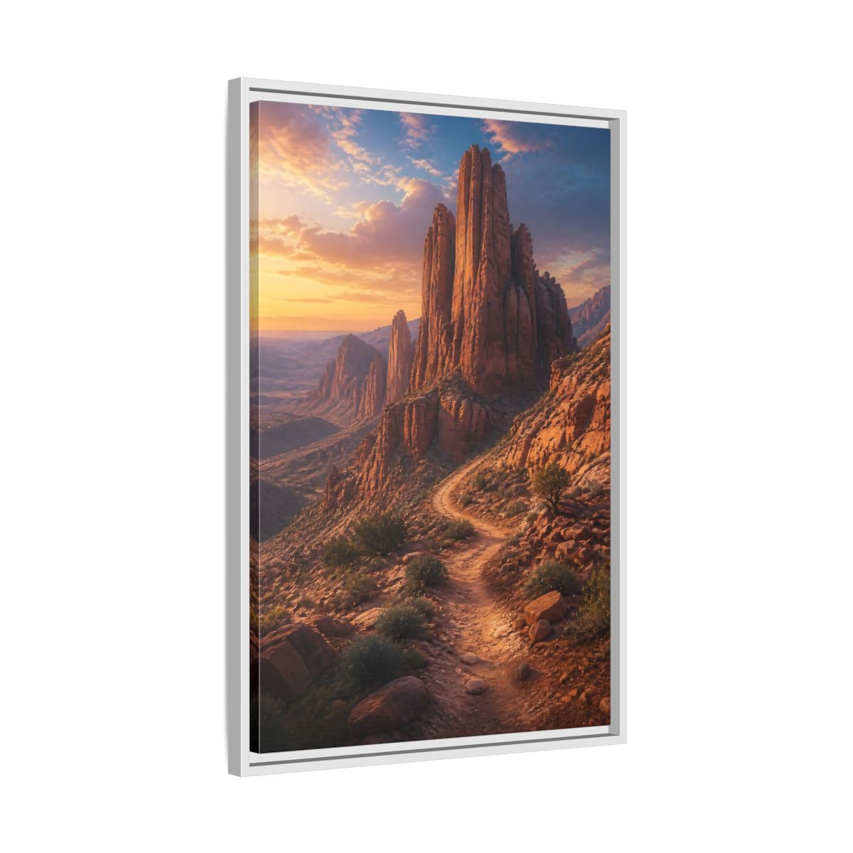 Side Mockup 10. Nature Desert Mountains Orange And Blue shown as stretched canvas wall art