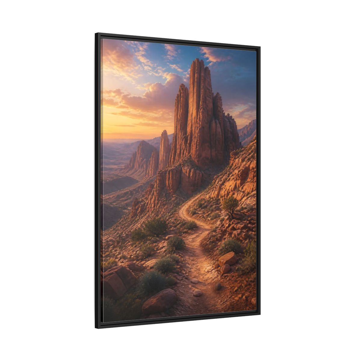 Side Mockup 12. Nature Desert Mountains Orange And Blue shown as stretched canvas wall art