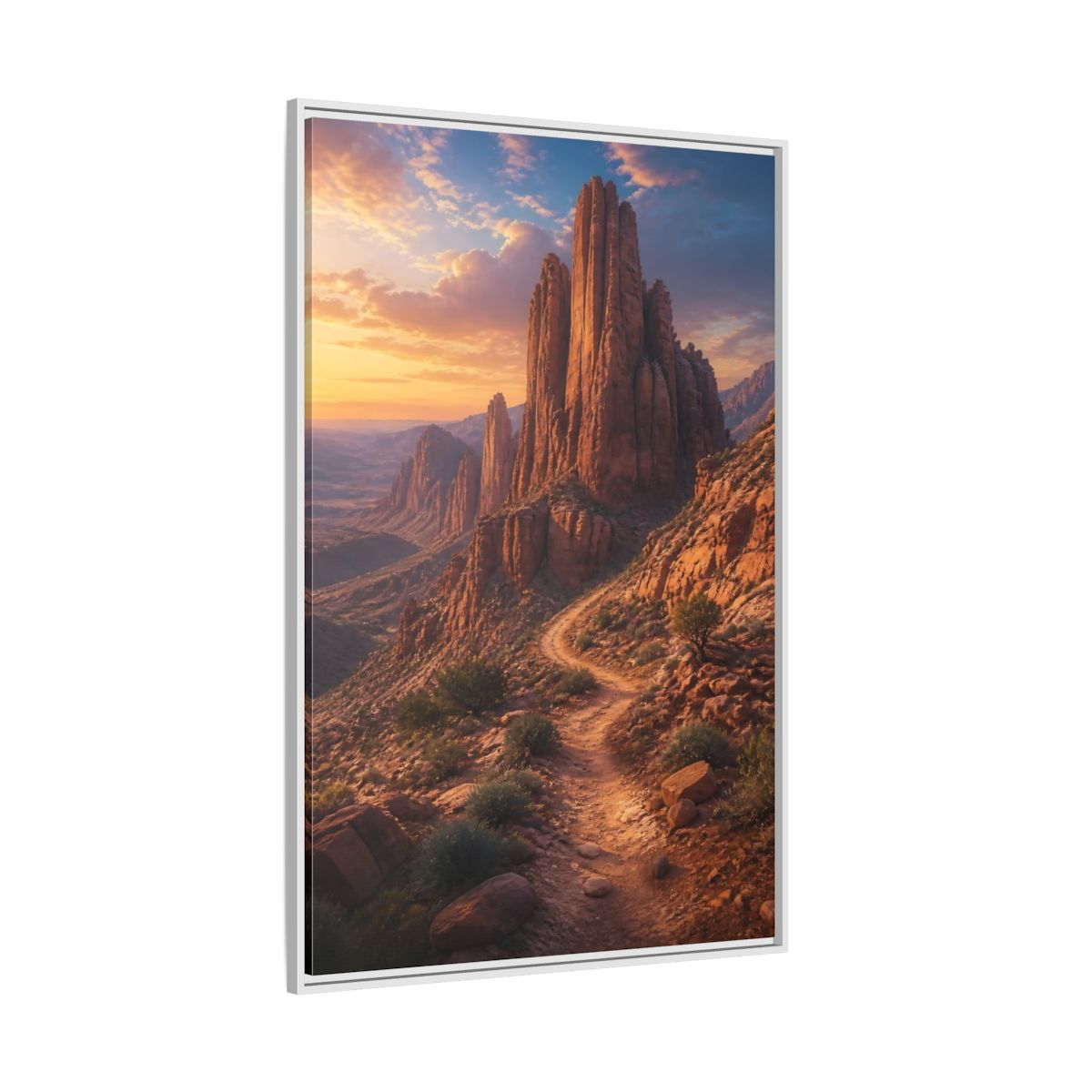 Side Mockup 7. Nature Desert Mountains Orange And Blue shown as stretched canvas wall art