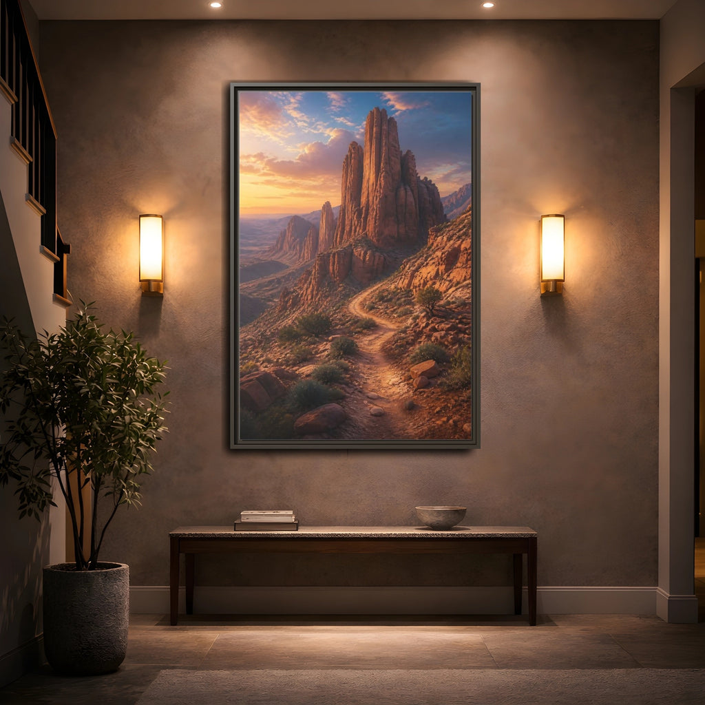 Mockup 2. Nature Desert Mountains Orange And Blue shown as stretched canvas wall art