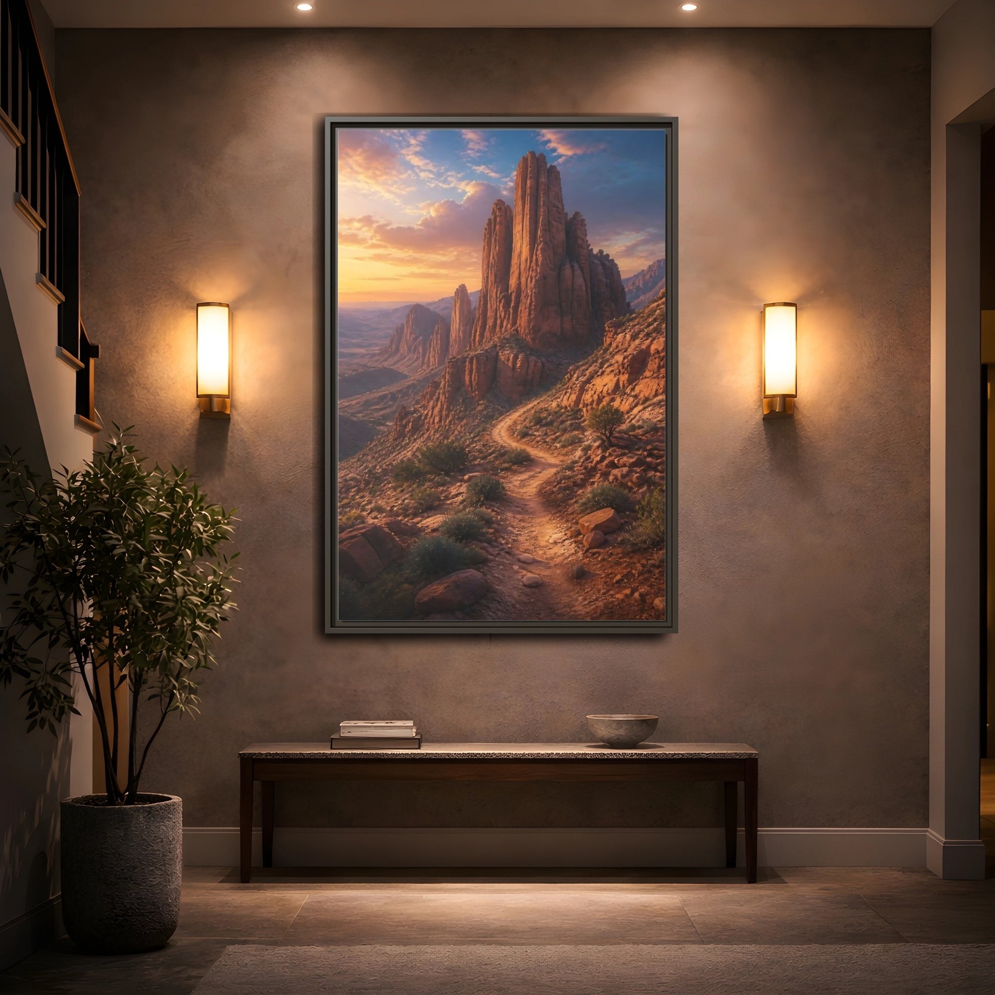Mockup 2. Nature Desert Mountains Orange And Blue shown as stretched canvas wall art