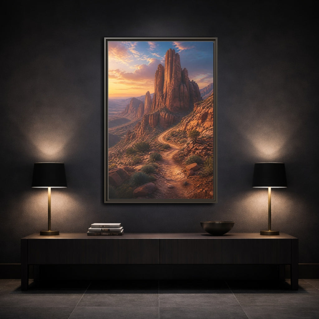 Mockup 3. Nature Desert Mountains Orange And Blue shown as stretched canvas wall art