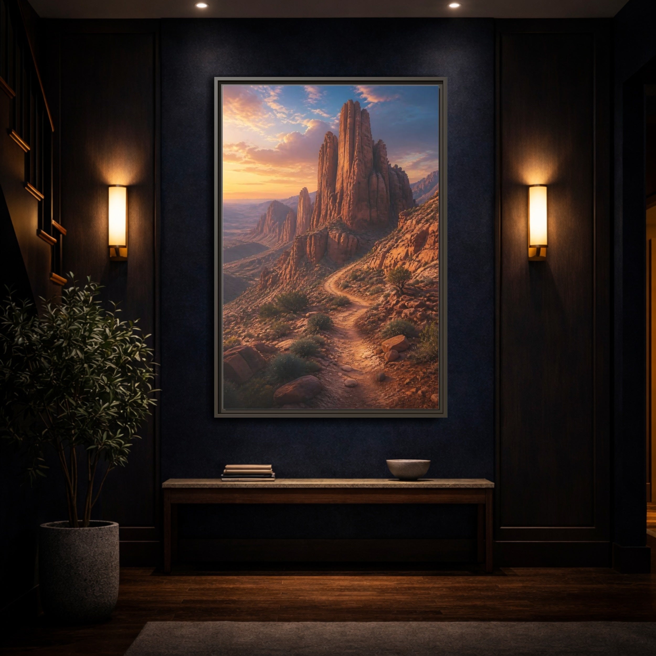 Mockup 4. Nature Desert Mountains Orange And Blue shown as stretched canvas wall art