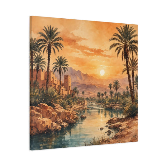 Main Mockup. Nature Desert Oasis Orange Blue Landscape shown as stretched canvas wall art