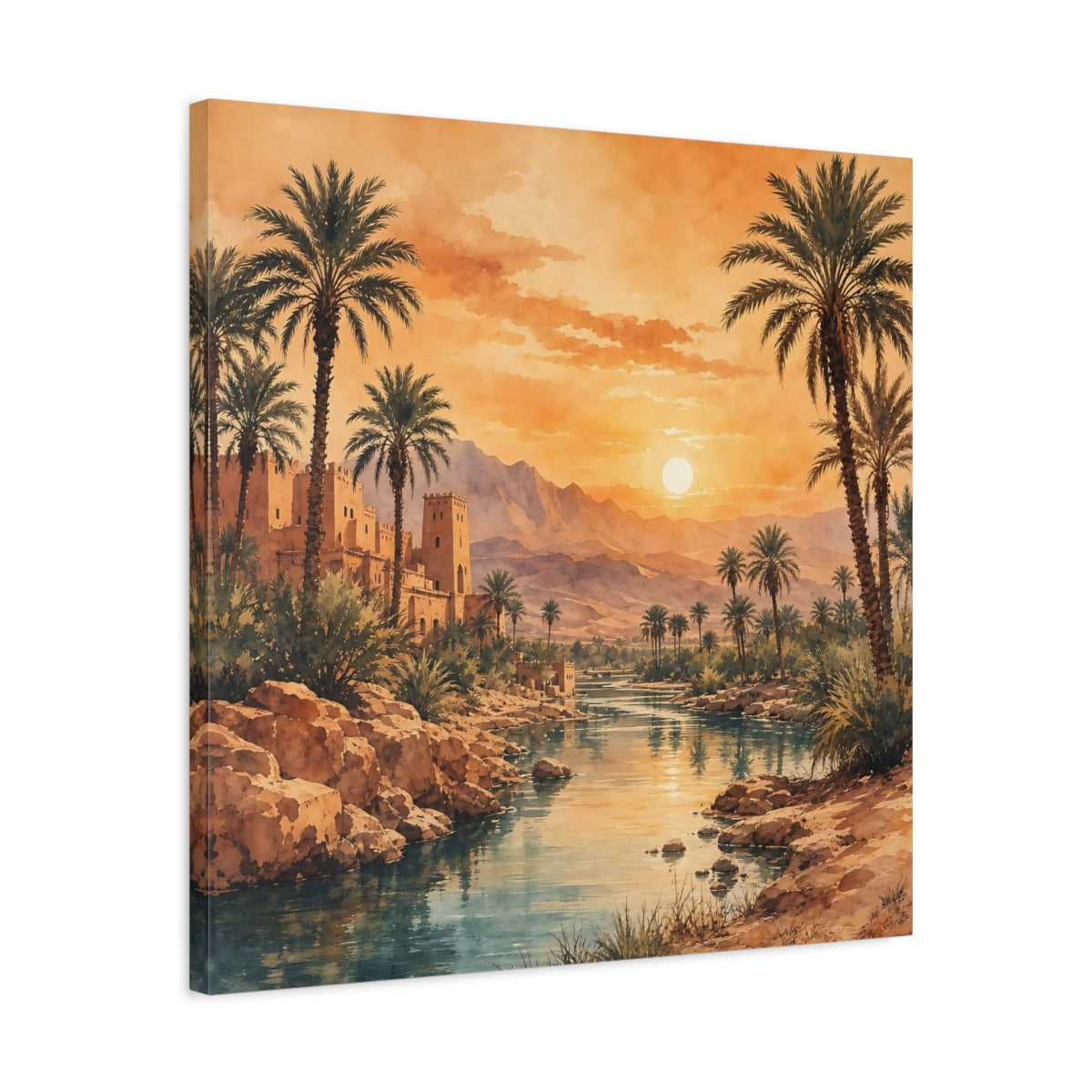 Side Mockup 4. Nature Desert Oasis Orange Blue Landscape shown as stretched canvas wall art