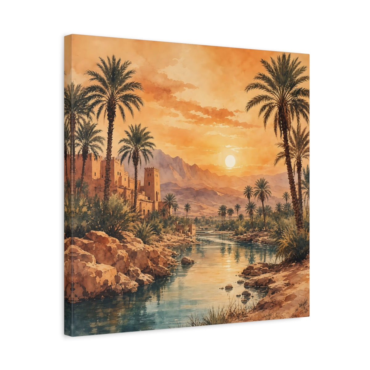 Side Mockup 5. Nature Desert Oasis Orange Blue Landscape shown as stretched canvas wall art