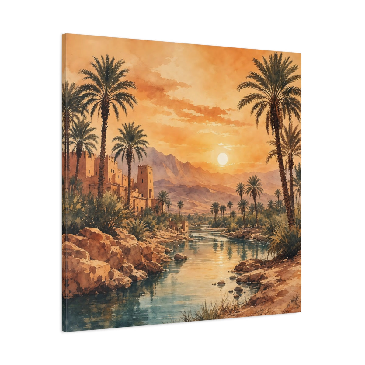 Side Mockup 1. Nature Desert Oasis Orange Blue Landscape shown as stretched canvas wall art
