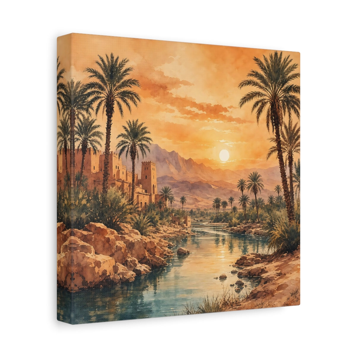 Side Mockup 9. Nature Desert Oasis Orange Blue Landscape shown as stretched canvas wall art