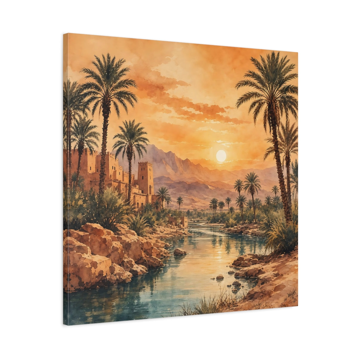 Side Mockup 3. Nature Desert Oasis Orange Blue Landscape shown as stretched canvas wall art