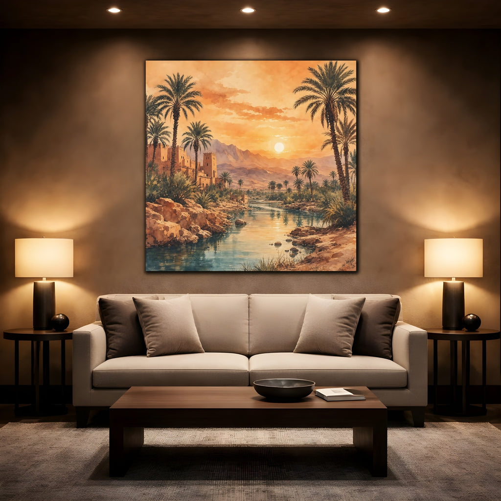 Mockup 2. Nature Desert Oasis Orange Blue Landscape shown as stretched canvas wall art