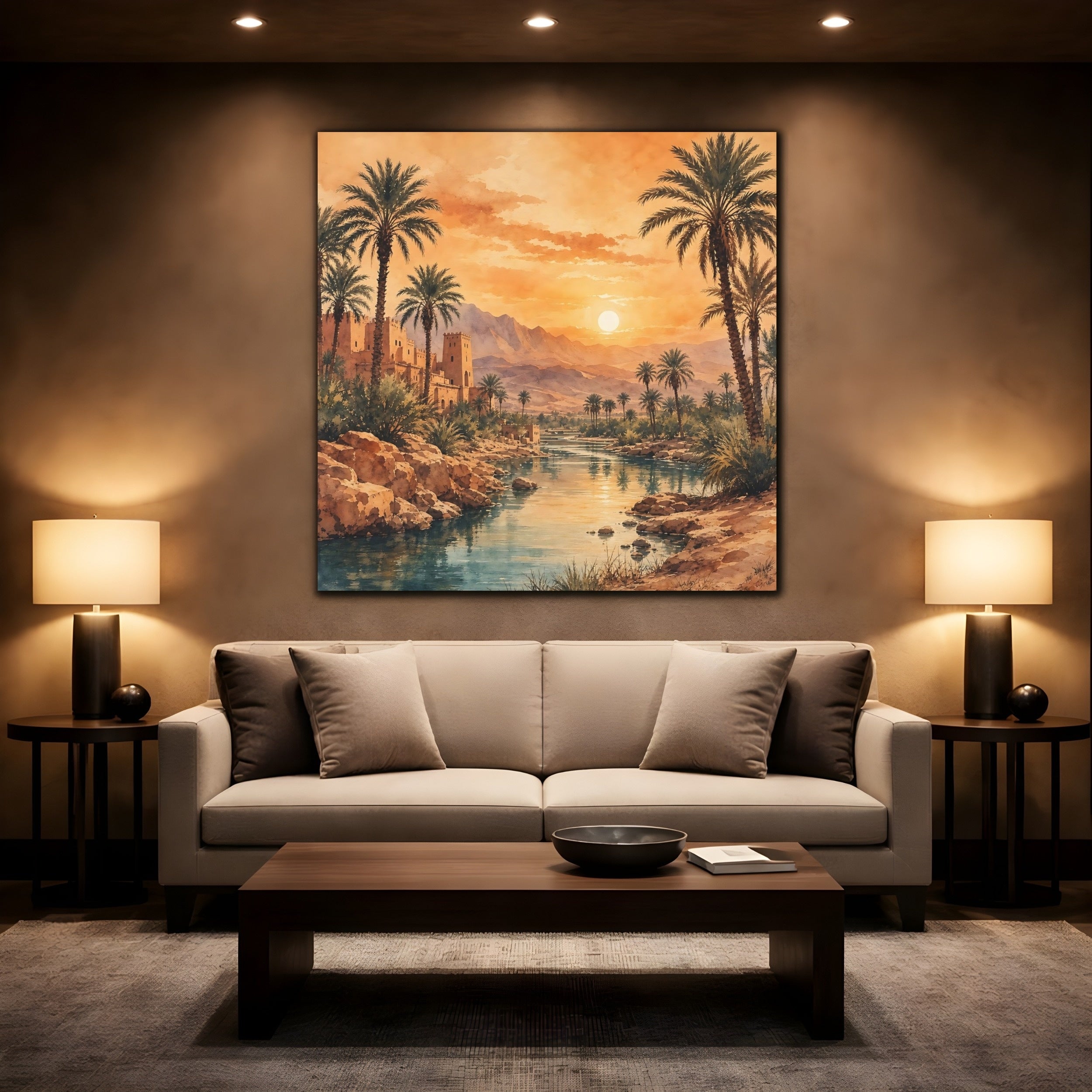 Mockup 2. Nature Desert Oasis Orange Blue Landscape shown as stretched canvas wall art