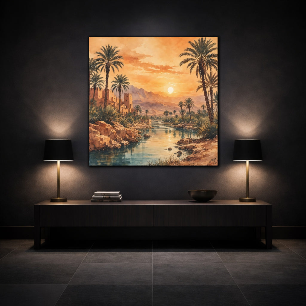 Mockup 3. Nature Desert Oasis Orange Blue Landscape shown as stretched canvas wall art