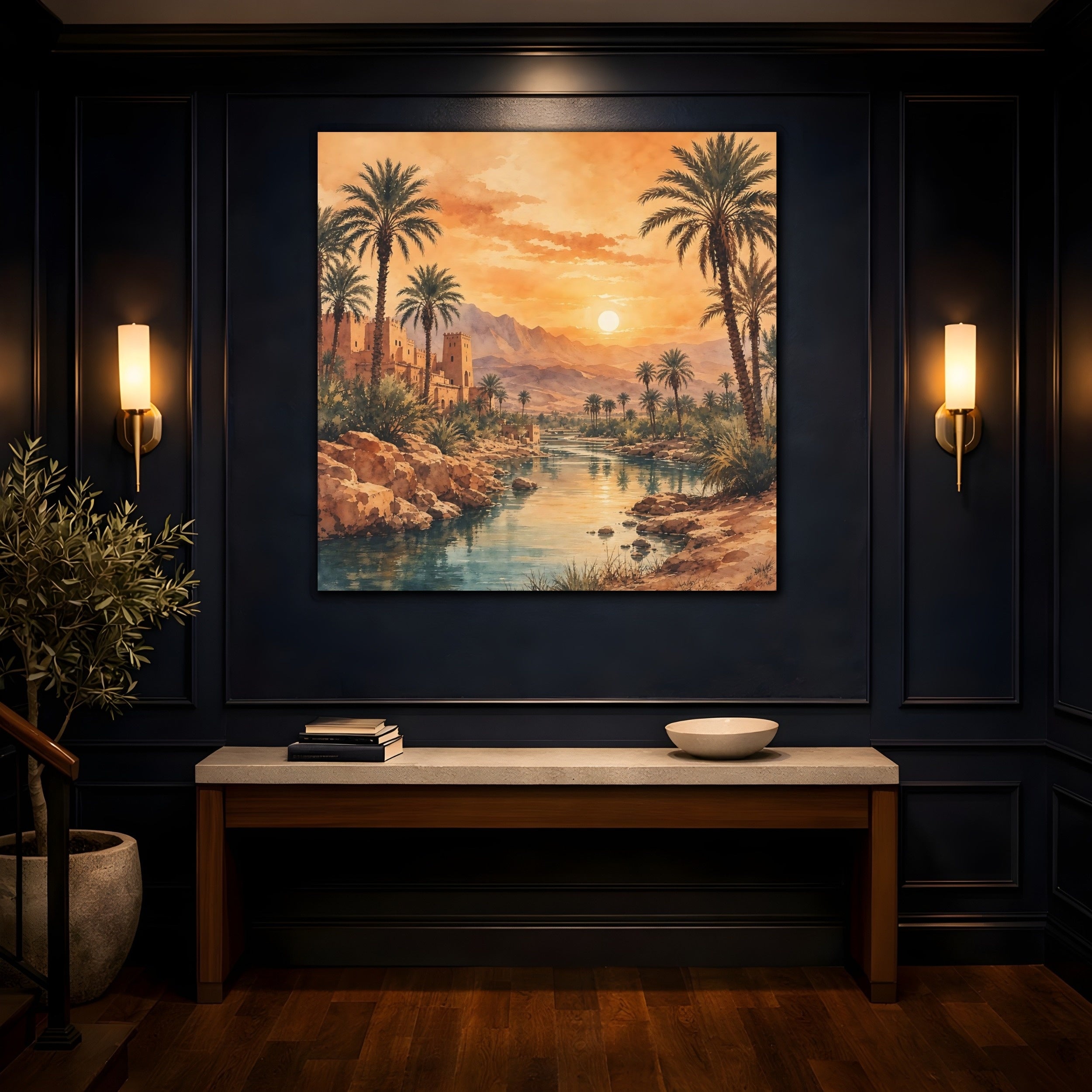 Mockup 4. Nature Desert Oasis Orange Blue Landscape shown as stretched canvas wall art