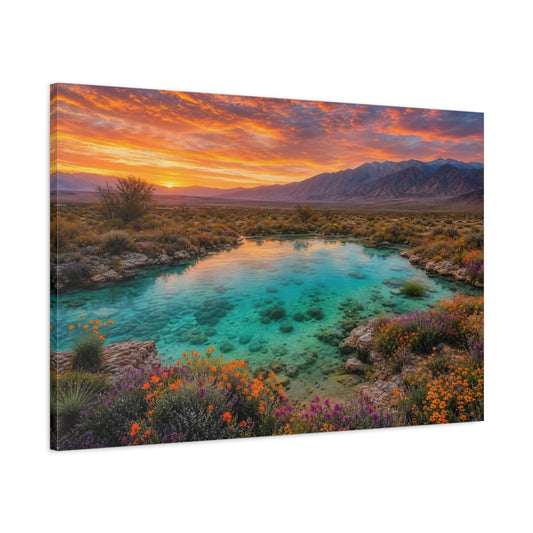 Main Mockup. Nature Desert Oasis Orange Teal Landscape shown as stretched canvas wall art