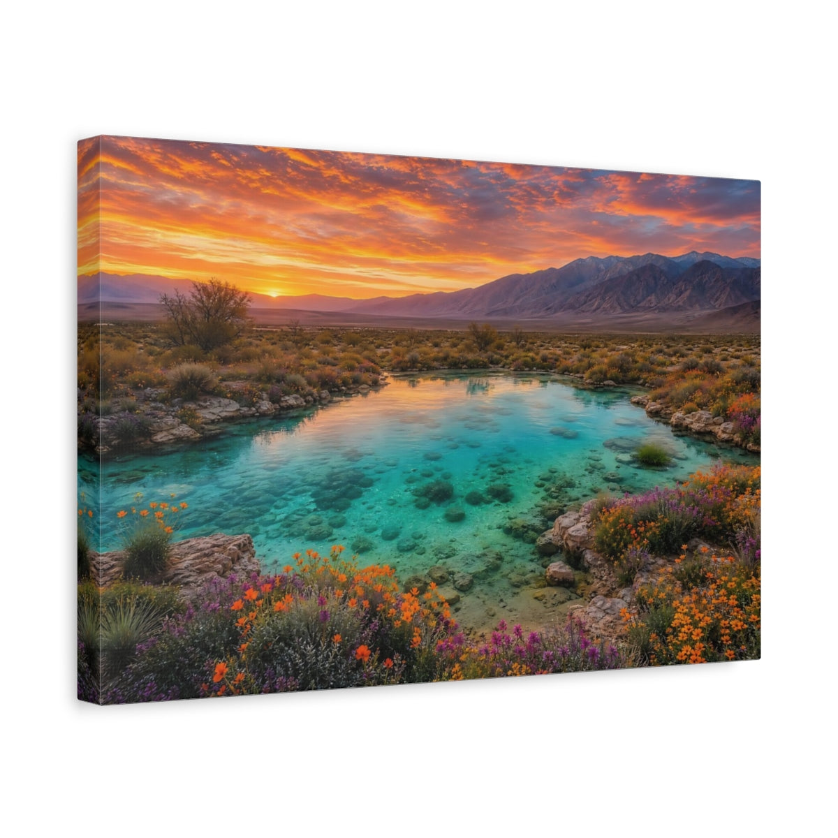 Side Mockup 4. Nature Desert Oasis Orange Teal Landscape shown as stretched canvas wall art