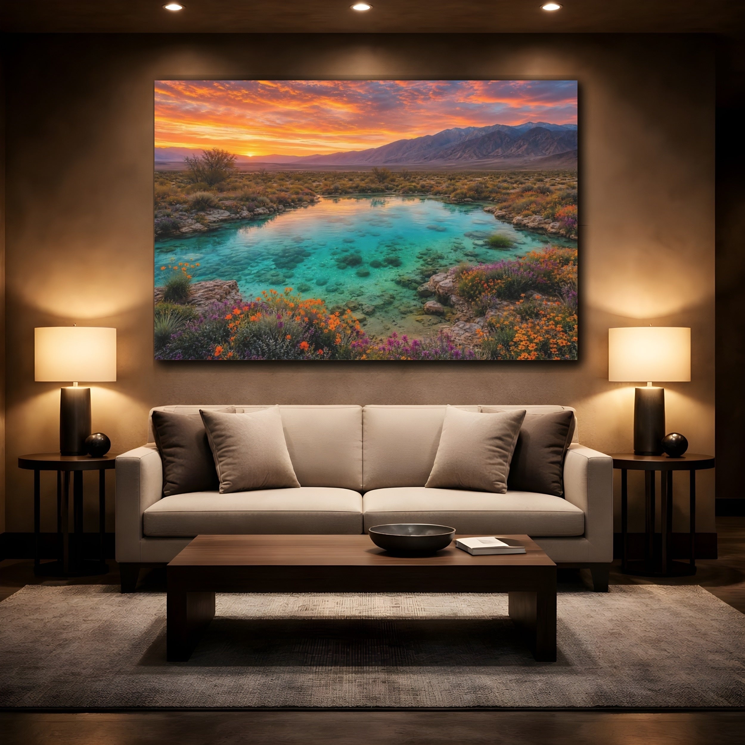 Mockup 2. Nature Desert Oasis Orange Teal Landscape shown as stretched canvas wall art