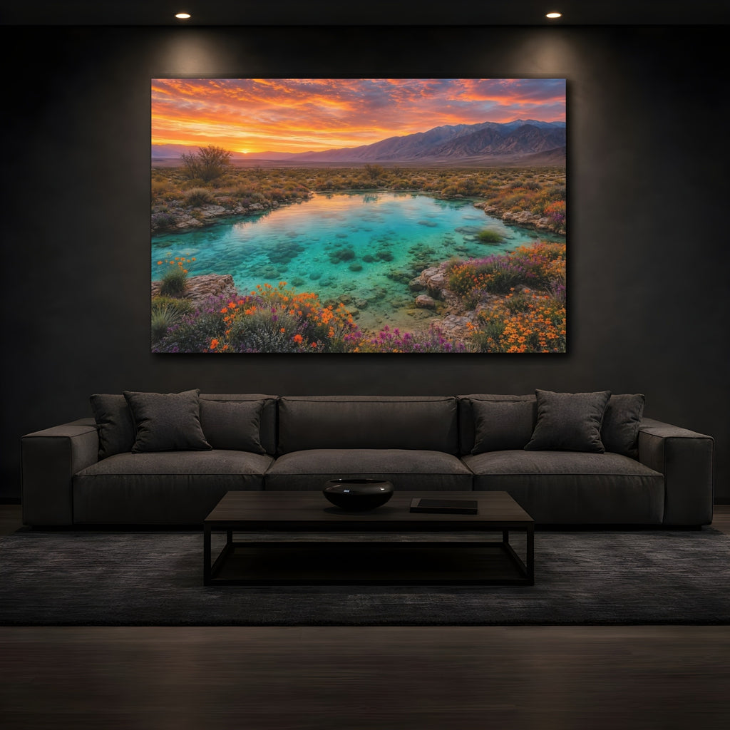 Mockup 3. Nature Desert Oasis Orange Teal Landscape shown as stretched canvas wall art