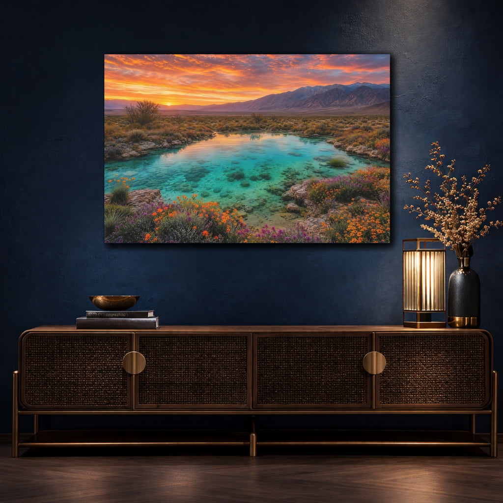 Mockup 4. Nature Desert Oasis Orange Teal Landscape shown as stretched canvas wall art