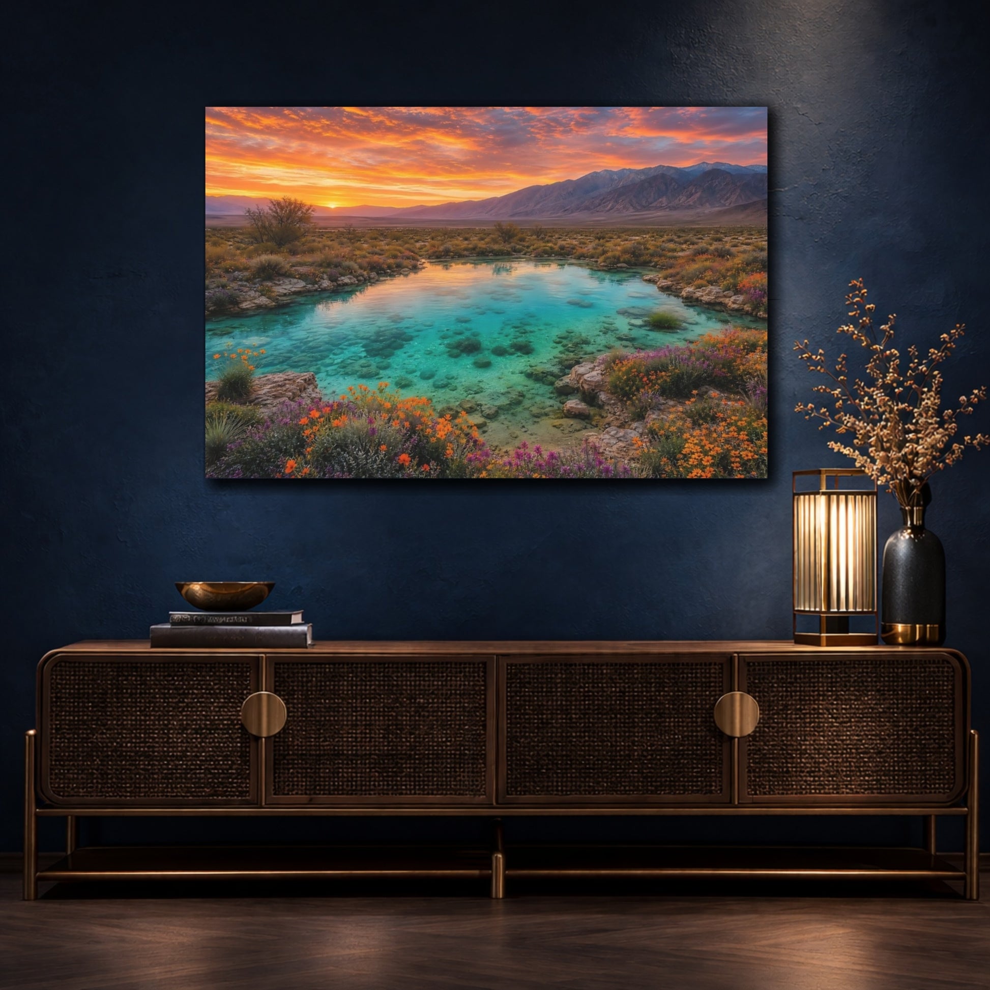 Mockup 4. Nature Desert Oasis Orange Teal Landscape shown as stretched canvas wall art