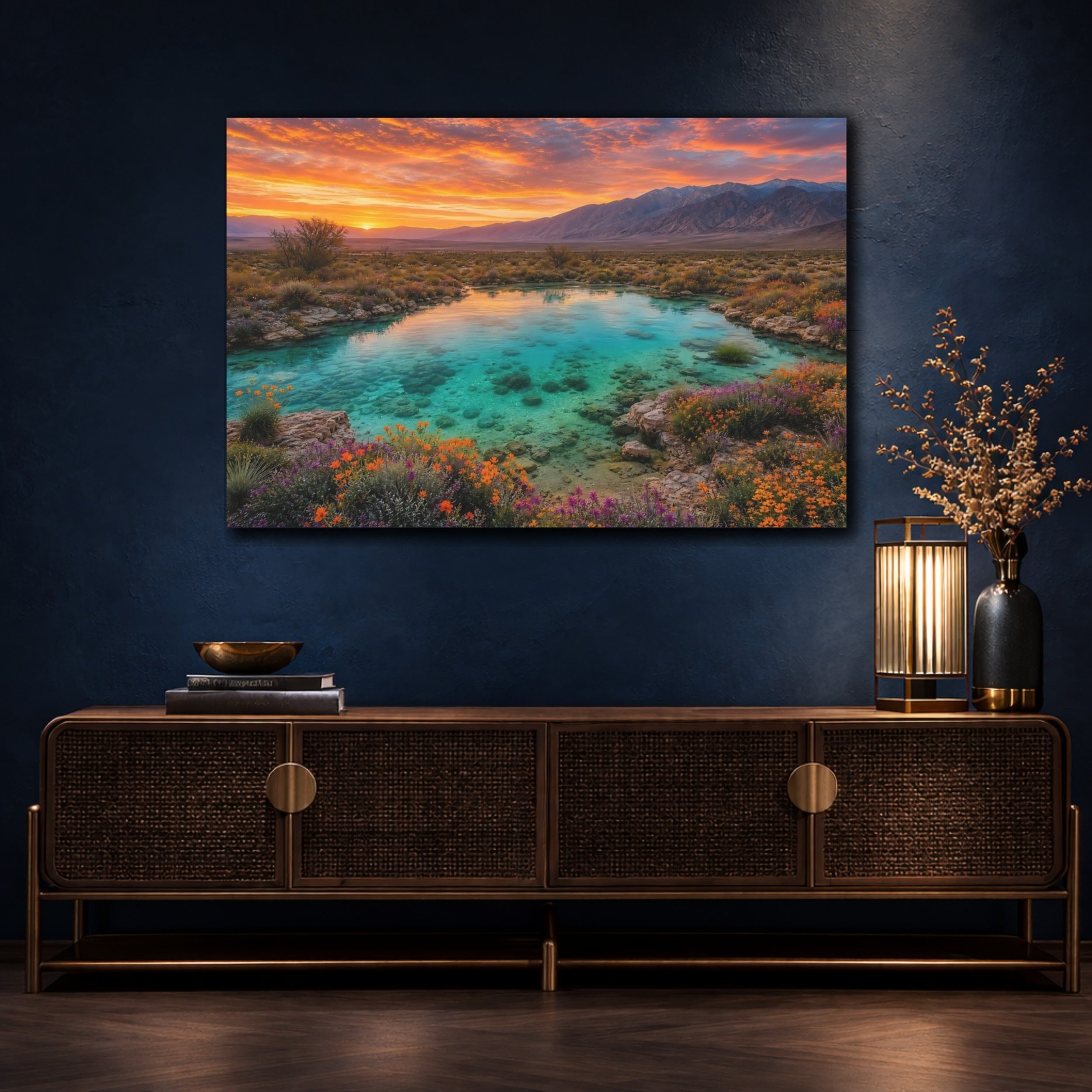 Mockup 4. Nature Desert Oasis Orange Teal Landscape shown as stretched canvas wall art
