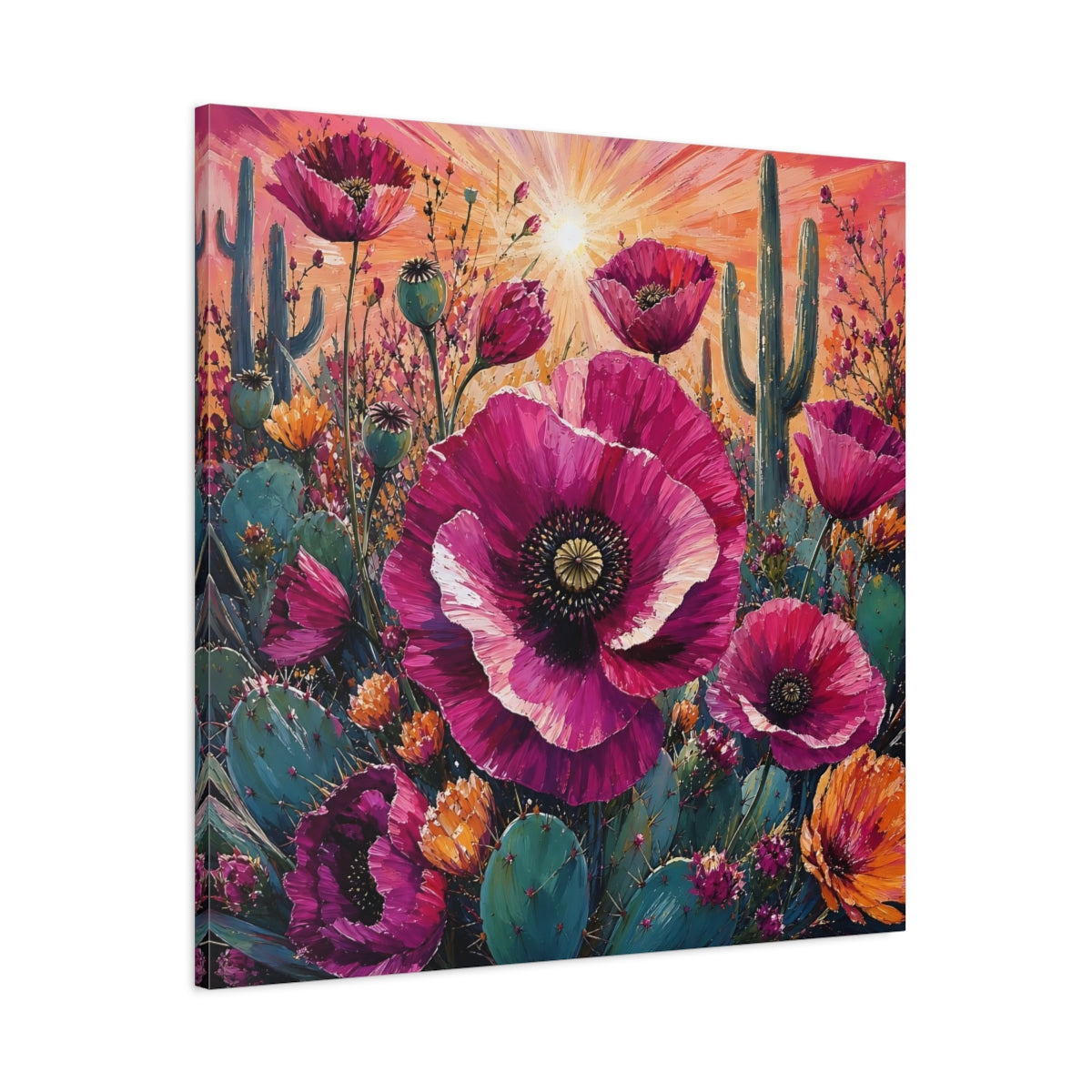 Main Mockup. Nature Desert Poppies Pink Desert Floral shown as stretched canvas wall art