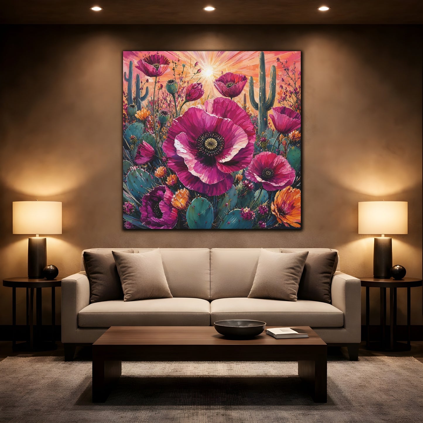 Mockup 2. Nature Desert Poppies Pink Desert Floral shown as stretched canvas wall art